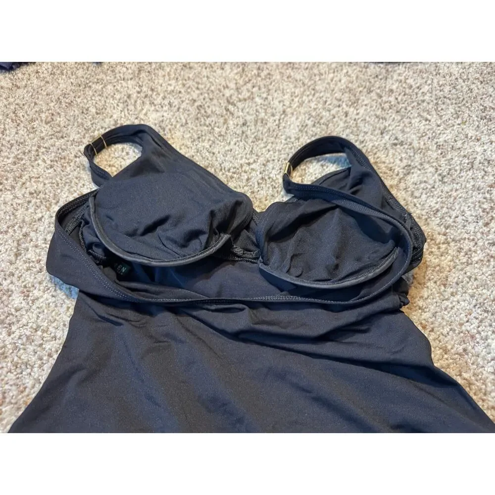 Lauren Ralph Lauren One Piece Swimsuit Womens 12 Black Tummy Control V-Neck Swim